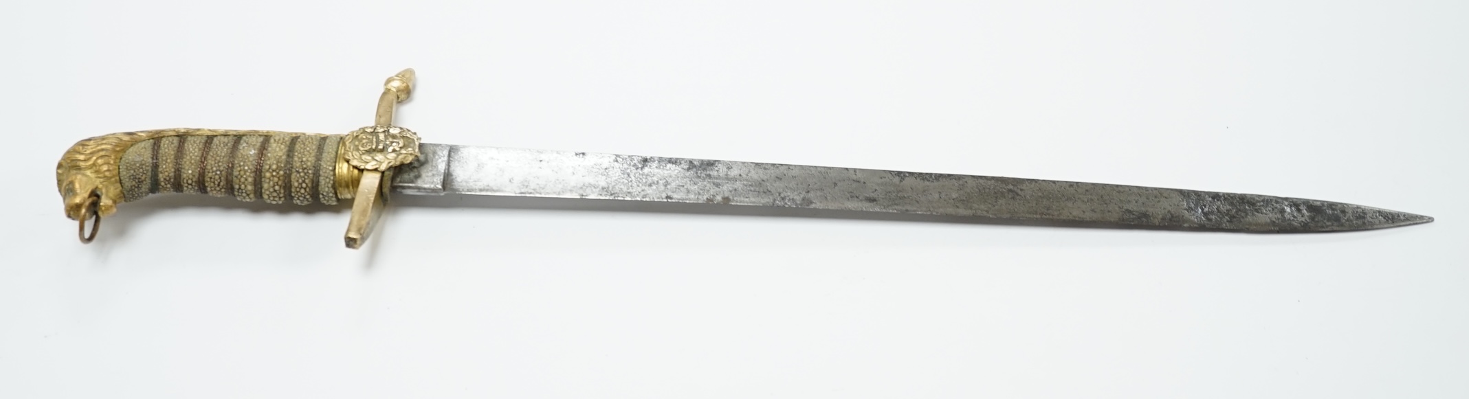 A Victorian naval officer’s dirk, regulation brass hilt (one quillon finial missing), wire bound fish skin grip, blade 39cm. Condition - poor